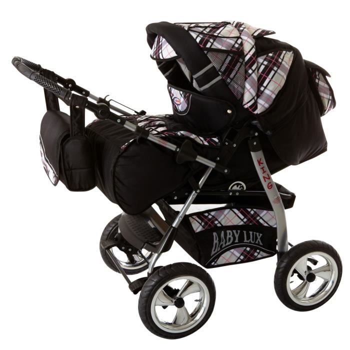 Poussette Combinée 3en1 KESSER - Nacelle + Siège Auto + Siège Sport - Pneus Caoutchouc - Noir/Champagne