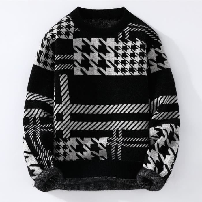 Subliminal Mode Pull Homme Hiver Col Rond – Carreaux Multicolores Géométriques, Maille Épaisse Acrylique-Coton, Style Tendance Automne-Hiver