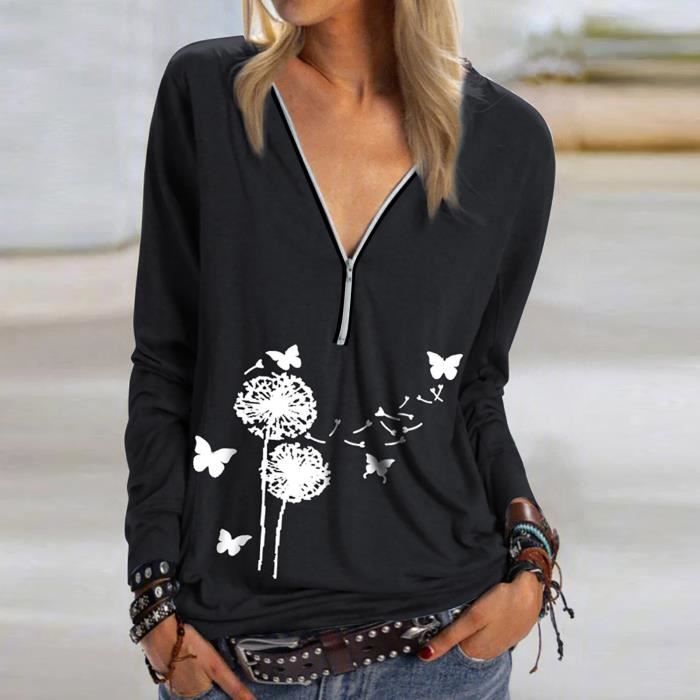Blouse Femme Pull col en V manches longues et imprim de