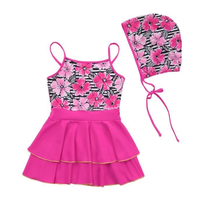 Freebily Une Piece Maillot de Bain Robe Fille Enfant Bikini Jupette Sport Robe de Plage Bonnet de Bain Piscine Natation 3 16 Ans Rose Cdiscount Pret a Porter