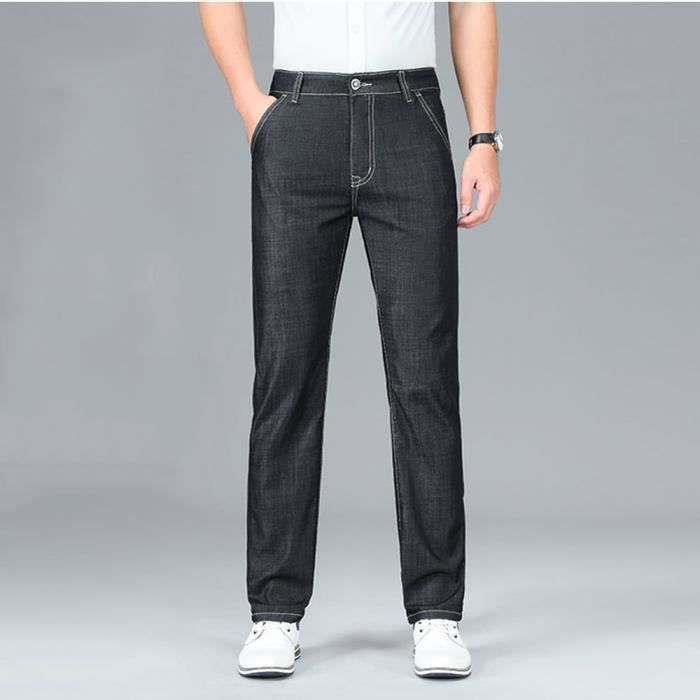 Jeans Homme Pantalon Long Noir Coupe Droite Casual Sans Repassage