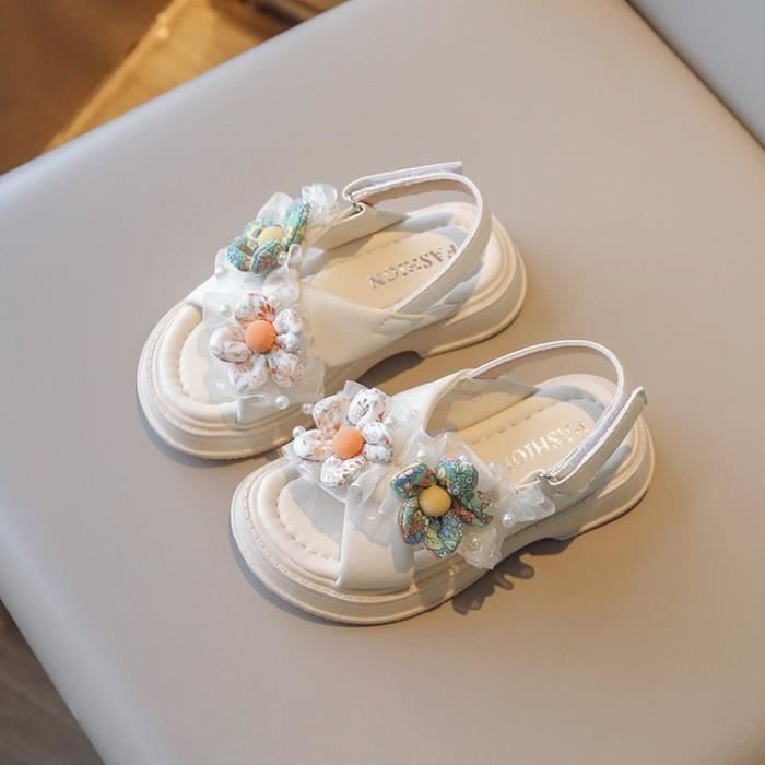 Sandales Fille ANBIWANGLUO En Cuir Avec Fleur - Scratch, Semelle Gomme, Pour Été
