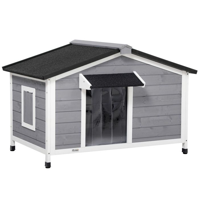 Niche pour chien - PawHut - style cottage 2 fenêtres porte toit ouvrant bitumé - bois sapin - 109x79x72cm - gris