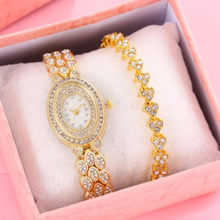 Ensemble 6 Pièces Montre Carrée Luxe Femme - Noir, Blanc, Doré - Avec 5 Bracelets - Neuf
