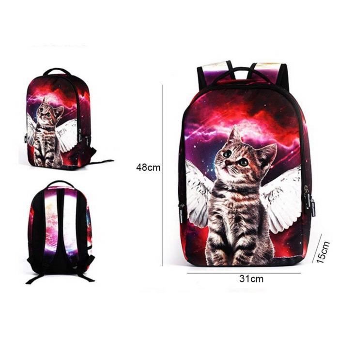 Sac à Dos École Pour Fille Avec Motif Chat 3D Mignon - Noir/Violet - Rembourré 35x28x16 Cm