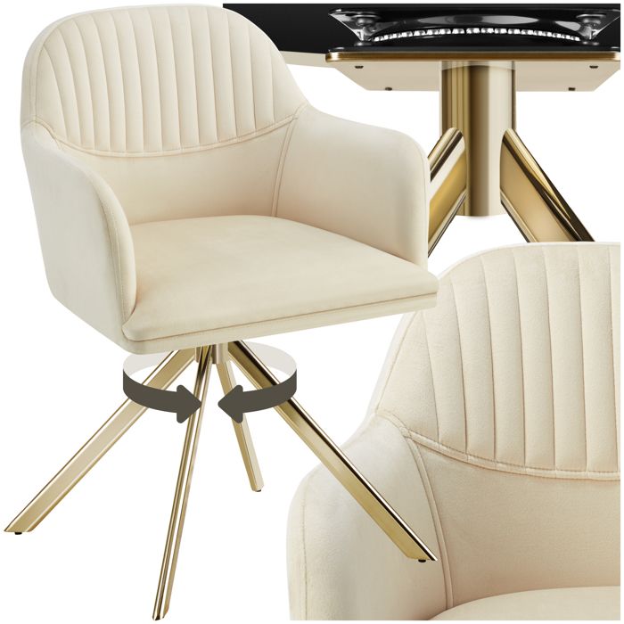 Chaise - TECTAKE - Fauteuil LONA pivotant en velours matelassé et rembourré dossier arrondi 56 x 59 x 81 cm - Crème/Or