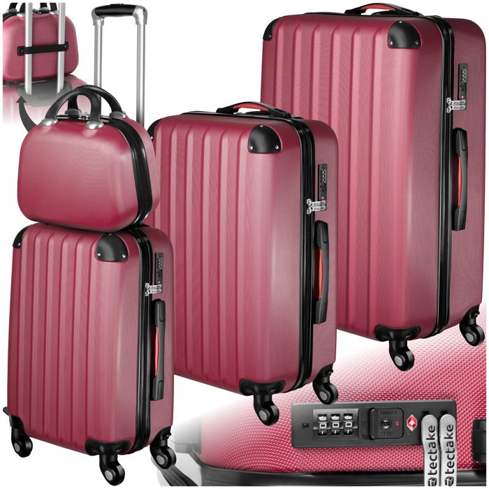 TECTAKE Set de 4 Valises Rigides de Voyage PUCCI (3 Valises + 1 Vanity) (XL L M) - Cadenas à Combinaison - Rouge Bordeaux