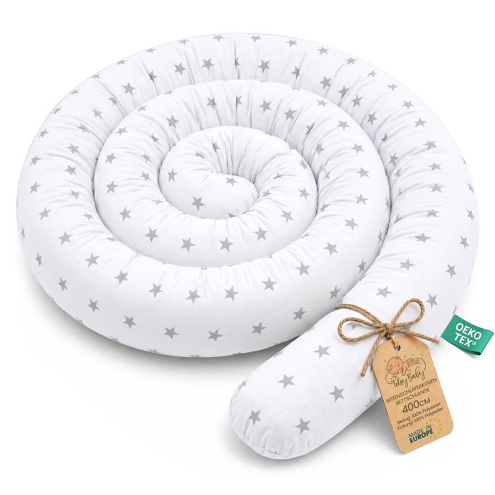 Coussin serpentin XXL 400 cm - bordure de lit coussin d’allaitement décoratif protection de lit fait main étoiles grises blanc
