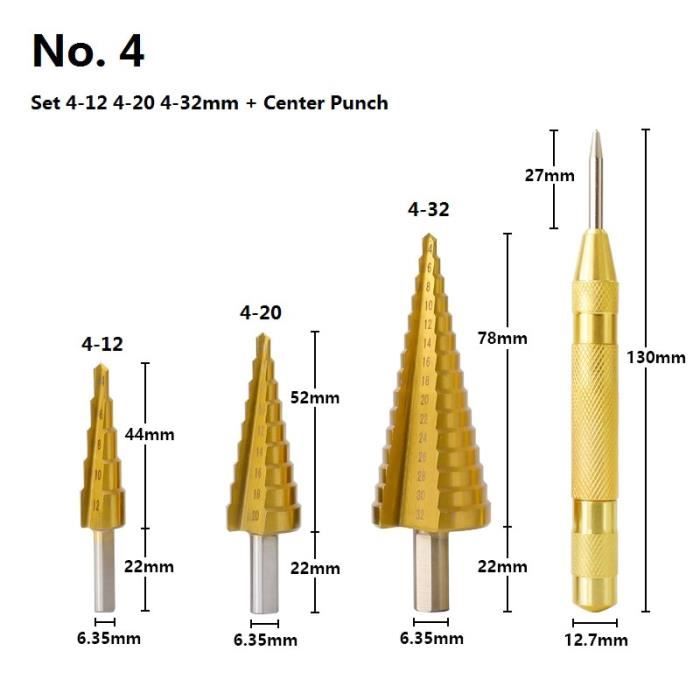 Kit 3 Forets Fraises Coniques Étages HSS Titane 4-12/20/32mm – Perceuse Multi-Matériaux Métal Bois Plastique