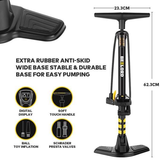 Pompe à vélo en aluminium noir avec manomètre et valves Extra