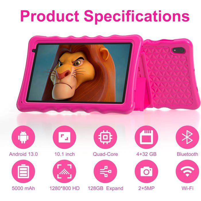 Tablette Enfants 7 Pouces Android 13 Hakaug Rose - Contrôle Parental, WiFi, Bluetooth, Coque Antichoc, Éducation