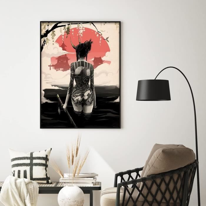 Poster Déco Murale Samouraï Sur Toile - Design Japonais Avec Cercle Rouge Et Feuilles D'Érable - 30 X 45 Cm, Haute Résolution