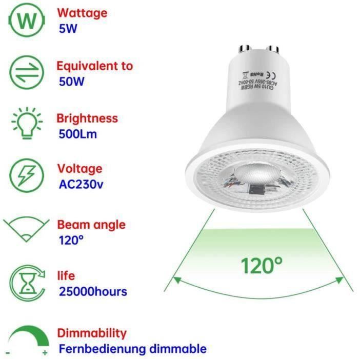 Ampoules led gu10 couleur 6w équivalent 50w 500lm Blanc Chaud 2700k gu10  rgbw dimmable télécommande lampes lot de 10 - Cdiscount Maison