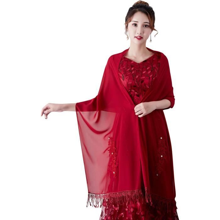 Femme Echarpe Châle Foulard Satin Chic - Écharpe Brillante Nacré Mariage Soirée Plage - Couleur Rouge