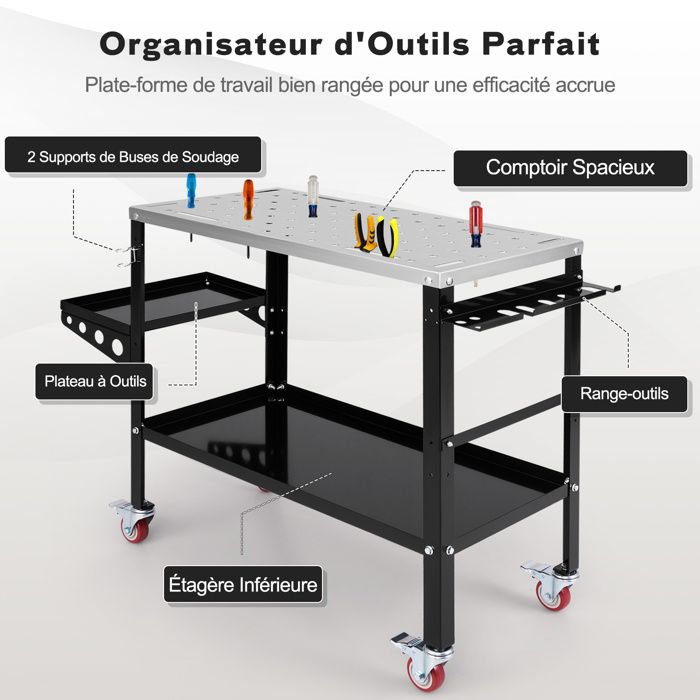 Plateau à Outils Roulant 2 En 1 Table De Travail Réglable En Hauteur Plateau Amovible Chariot A Outils Roulant Capacite 60 Kg Noir