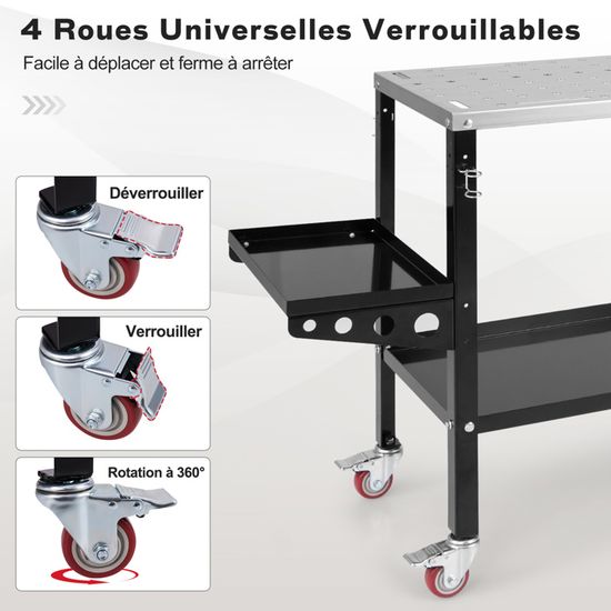 Table D'atelier Pliable 2 En 1 - Établi Soudure + Plateforme Réglable - Charge Max 498 Kg - Avec Roulettes, Hauteur Ajustable
