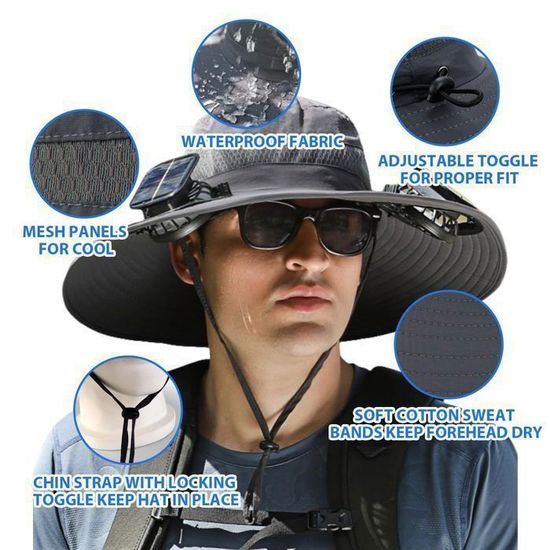 Casquette Ventilateur Solaire USB - Rechargeable, étanche, Réglable - Pour Activités Extérieures (jardin, Vélo, Pêche) - 3
