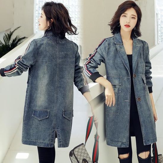 Manteau Manteau Trench Long en jean delave pour femme coupe vent Streetwear automne Blanc Cdiscount Pret a Porter