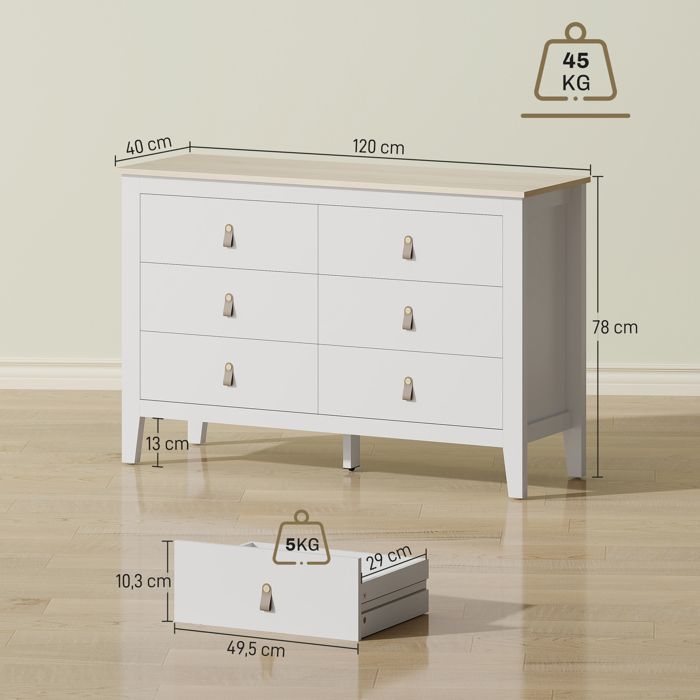 Commode 6 Tiroirs Blanc Bois - Dimensions 40 X 32 X 93 Cm - Rangement Chambre, Salon, Bureau - Meuble D'appoint Moderne Et Fonctionnel - 3