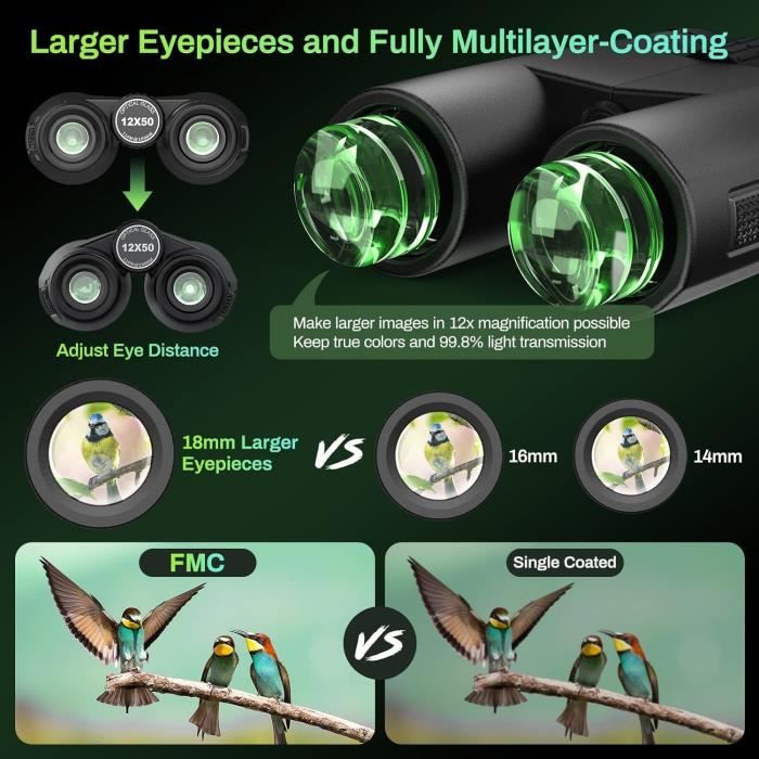Usogood Jumelles compactes HD 12 x 50 pour Adultes, prismes BAK4, objectifs FMC, Jumelles