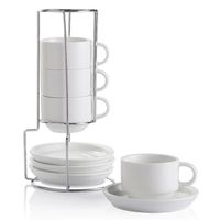 SWEEJAR Tasses à Café Empilables en Céramique - Lot de 4 Tasses Expresso 110 ml Avec Soucoupes Et Support - Blanc