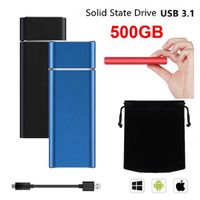 Disque Dur Externe SSD Portable 500GB 500Go Type-C Métallique Noir 11*3.2*1cm Mini Taille avec Pochette Sac de Stockage en Tissu