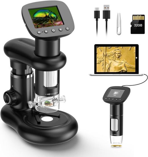Microscope Numérique Portable 1000x Pour Enfants - Écran IPS 2" + Carte SD 32Go, 8 LED, Violet