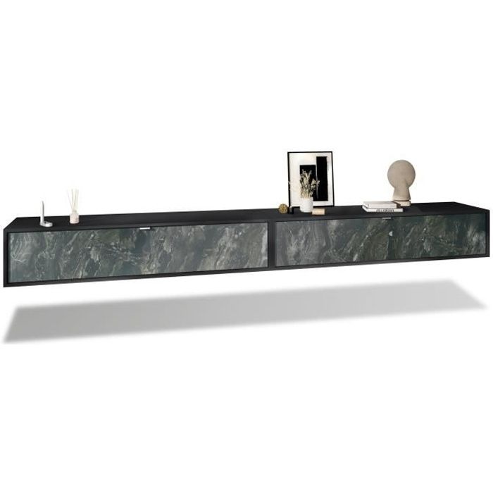 vladon ensemble de 2 set meuble tv lana 140 armoire murale lowboard 140 x 29 x 37 cm en noir mat, façades en marbre graphite