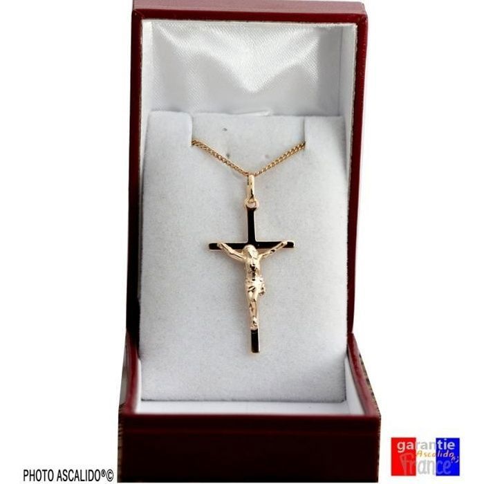 pendentif Croix jesus en plaqué Or. Ensemble bijou chaine et boite coffret cadeau homme femme