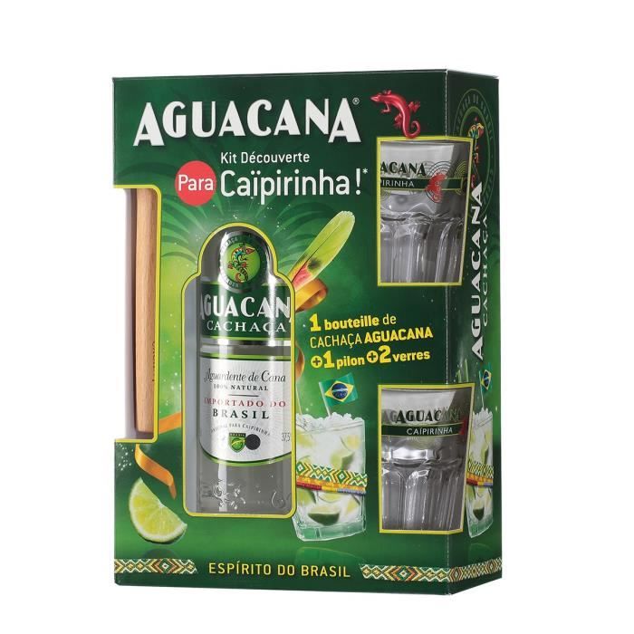 Coffret Caipirinha - Cachaça Aguacana + 1 pilon + 2 verres - 37,5%vol - 70cl