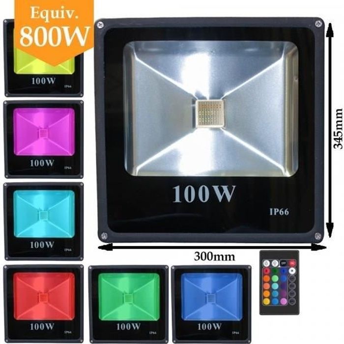 Projecteur LED Couleur RGB Intérieur/Extérieur Extra Plat Avec Télécommande - 10W, 20W, 30W, 50W, 100W (Nouveau !) - Puissance Watt
