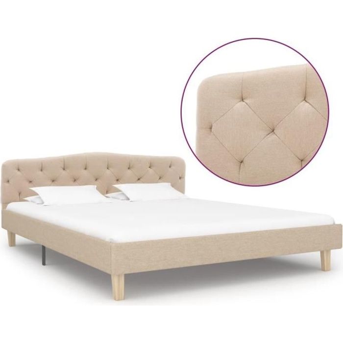 Cadre De Lit Capitonné Beige : Double 140*200 cm - Design Classique&Élégant - Intime&Confortable En Tissu&Bois - Sommier Inclus