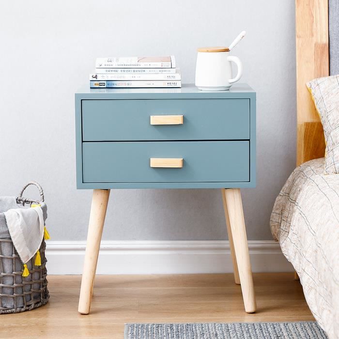 Table de Chevet scandinave, Pieds en bois massif, chevet avec 2 tiroirs Bleu clair