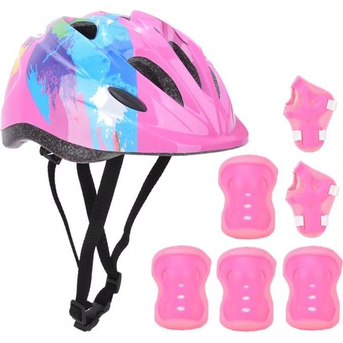7pcs enfants patinage vélo équipement de protection mis casque de sécurité genou coude poignet pad (enfants colorés roses)-CHE