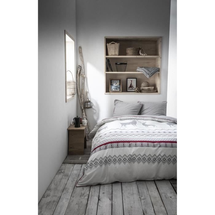 TODAY Parure de couette 100% Coton CHALET MOUNTAIN 240x260cm + 2 taies d'oreiller 63x63 cm - Gris