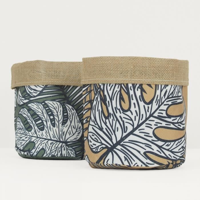 2 Cache-Pots Plantes D.18cm - Décoration Intérieur Maison Bureau Jungle - Pot de Fleur / Panier de Rangement Jute et Tissu - IBIKI