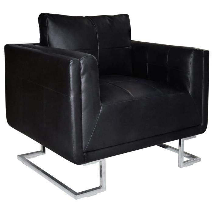 Moderne Fauteuil cube avec pieds chromés Cuir synthétique Noir