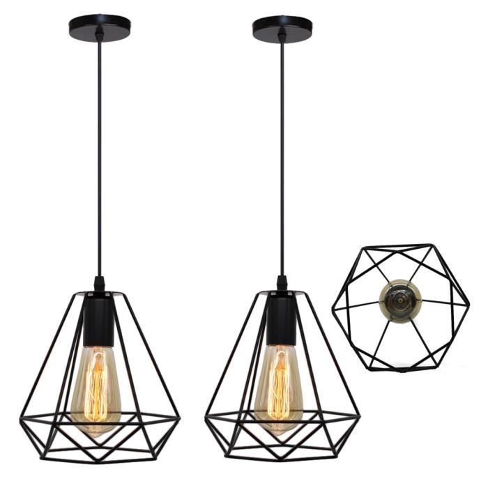 Lot de 2 Noir E27 Lustre Plafonnier Moderne en Métal forme Diamant Abat-Jour Style Simple Suspension à Luminaire