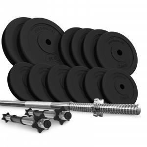 Physionics® Set de Barres d'Haltère avec Disques de Poids - Set 38 kg, Barre Longue 165cm, 2 Barres Courtes, Disques - Gym, Fitness