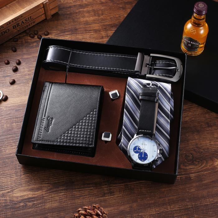 Coffret montre homme + ceinture + portefeuille + boutons de manchette + cravate - coffret cadeau 5 pièces exquis de marque de luxe