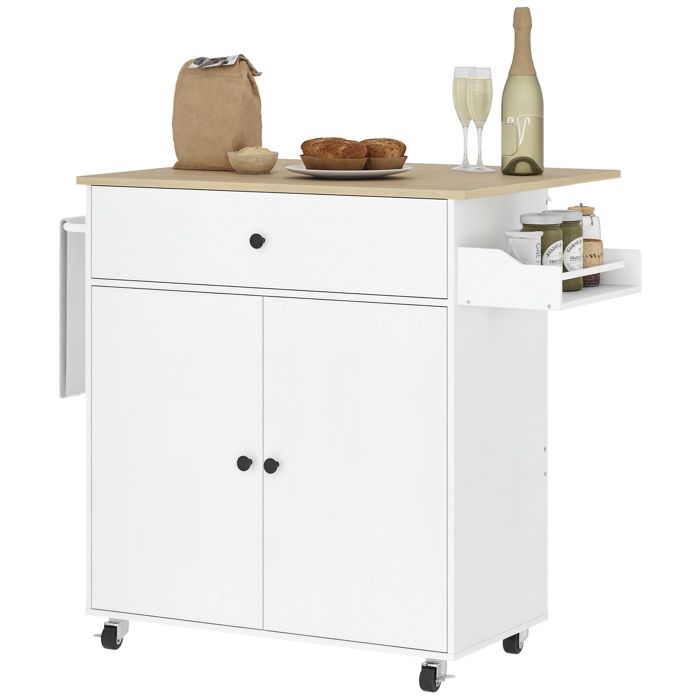 Desserte de cuisine sur roulettes - HOMCOM - tiroir étagère réglable support à épices et porte-serviette - blanc