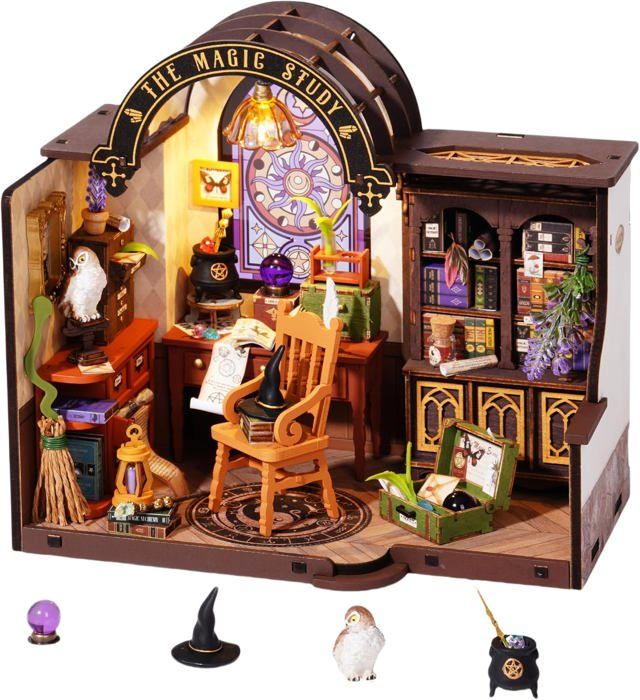 Cuteefun Maison de Poupées Miniature Magique avec LED, Kit Maison Miniature à Construire DIY en Bois, Décoration Maison Exquise, Cadeau de Noël, Halloween, Anniversaire, (Boutique Magique