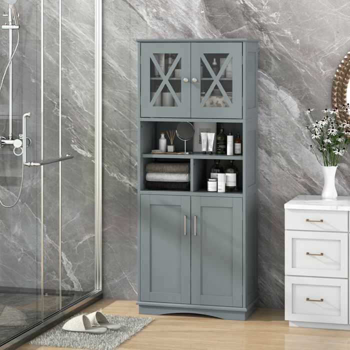 COSTWAY Colonne Salle de Bain avec 4 Portes 3 Compartiments Ouvertes Étagères Réglables Armoire Haute 60 x 30 x 163 cm Gris