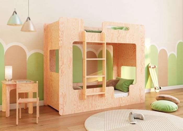 smartwood Lit Superposé Enfant 90x200 - Échelle Gauche - Couleur Bois Naturel - Lit Double MIMI BL - Sommier & Barrière de sécurité