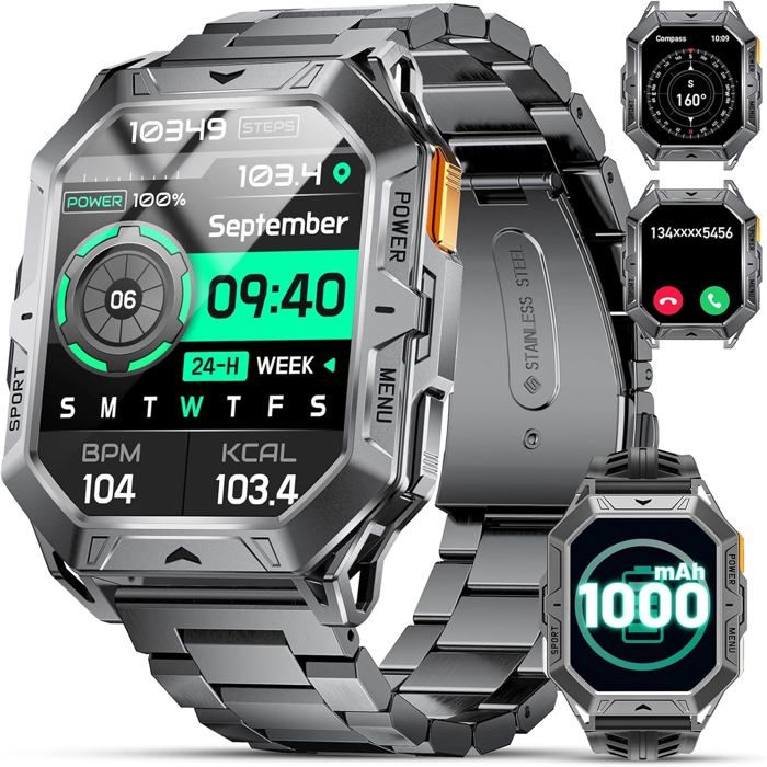 Montre Connectée BENYAR Homme – Écran 1,85″ – Batterie 1000mAh – IP68 – Appels Bluetooth – 120 Modes Sport – Lampe LED