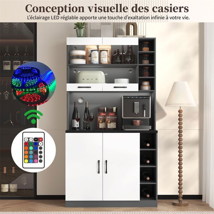 Buffet Haut Salle a Manger Buffet Cuisine Rangement avec LED Trou pour Câble Étagères Réglables Blanc Gris 100x47x187 cm