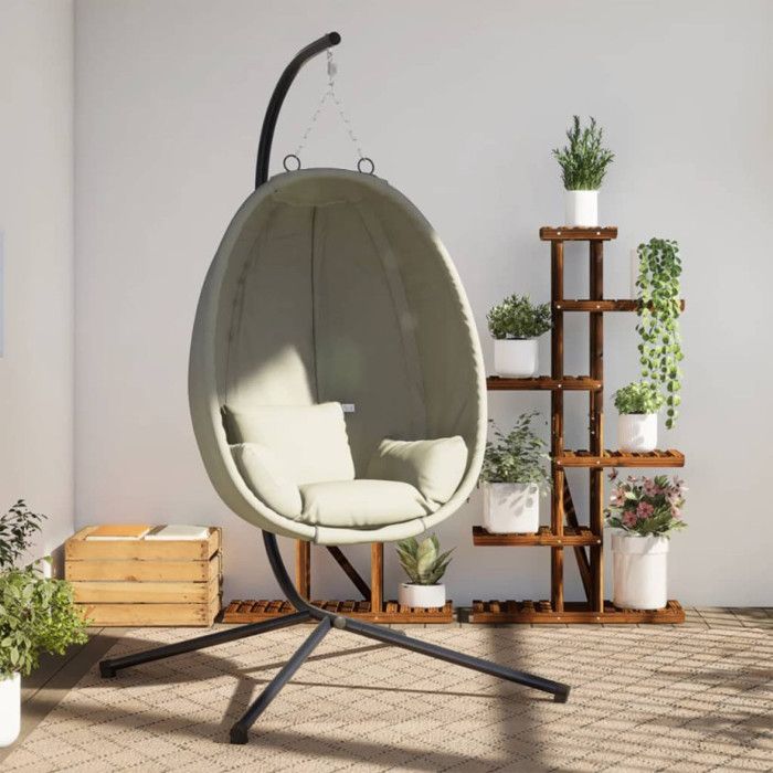 Chaise suspendue en forme d œuf et support beige tissu et acier