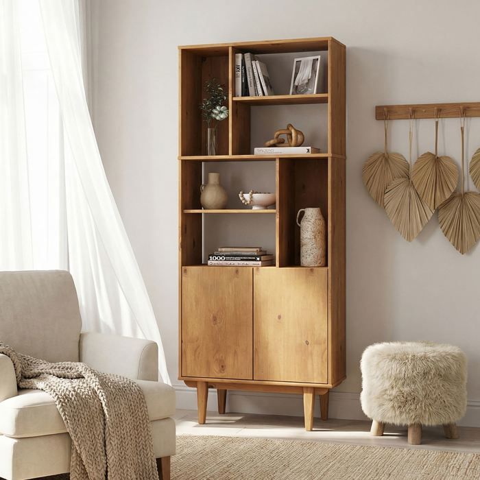 Buffet haut SIMONA 80x188 cm en bois massif coloris chêne avec 2 Portes 6 Étagères Vaisselier en hauteur Buffet haut SIMONA 80x188 cm en bois massif coloris chêne avec 2 Portes 6 Étagères Vaisselier en hauteur