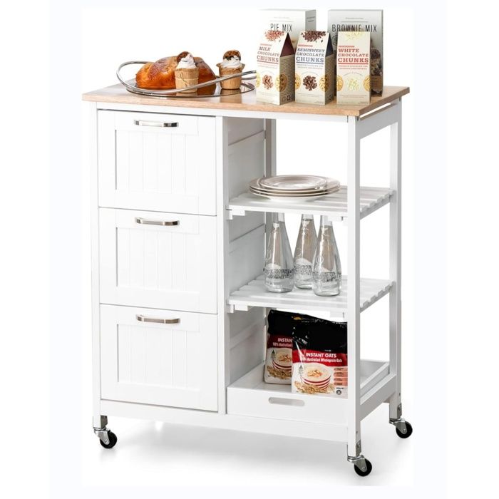 GIANTEX Desserte de Cuisine à Roulettes-3 Tiroirs-2 Étagères ouvertes-Plateau Amovibles-Comptoir en Bois dHévéa-67x37x83 5cm-Blanc GIANTEX Desserte de Cuisine à Roulettes-3 Tiroirs-2 Étagères ouvertes-Plateau Amovibles-Comptoir en Bois dHévéa-67x37x83 5cm-Blanc