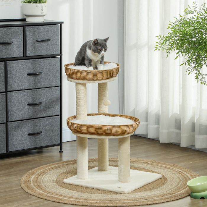 Arbre à chat design 755 cm avec Griffoir deux lits pour chat en rotin et coussins lavables Beige
